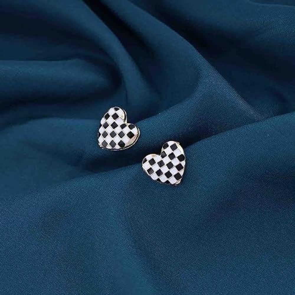 Checkered Heart Stud Earrings Black White Grid Pattern Enamel Post Earrings